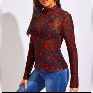 SHEIN Top Black & Red Fitted Heart print  sheer Blouse long sleeve plus size 1X
